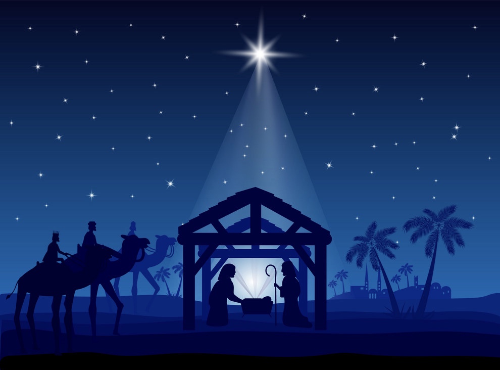 Nativity scene, Christmas star on blue sky and birth of Jesus, illustration